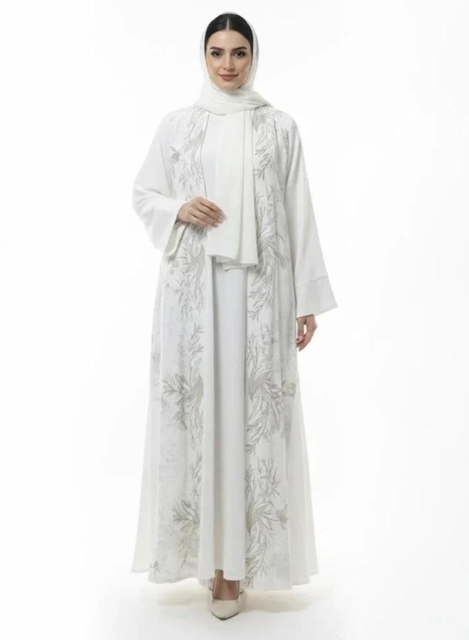 عبايات لمحة عباية صفاء بيضاء بتطريز فضي